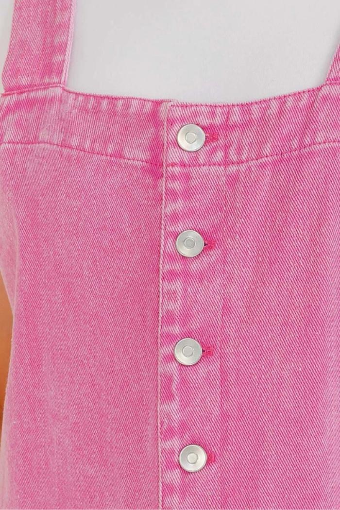 Washed Denim Button Up Wide Leg Overall Jumpsuit Product Image