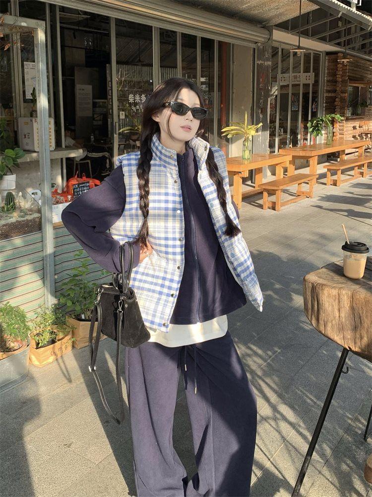 Stand Collar Plain Fleece Zip Jacket / Plaid Padded Button Vest / Drawstring Waist Wide Leg Sweatpants Product Image