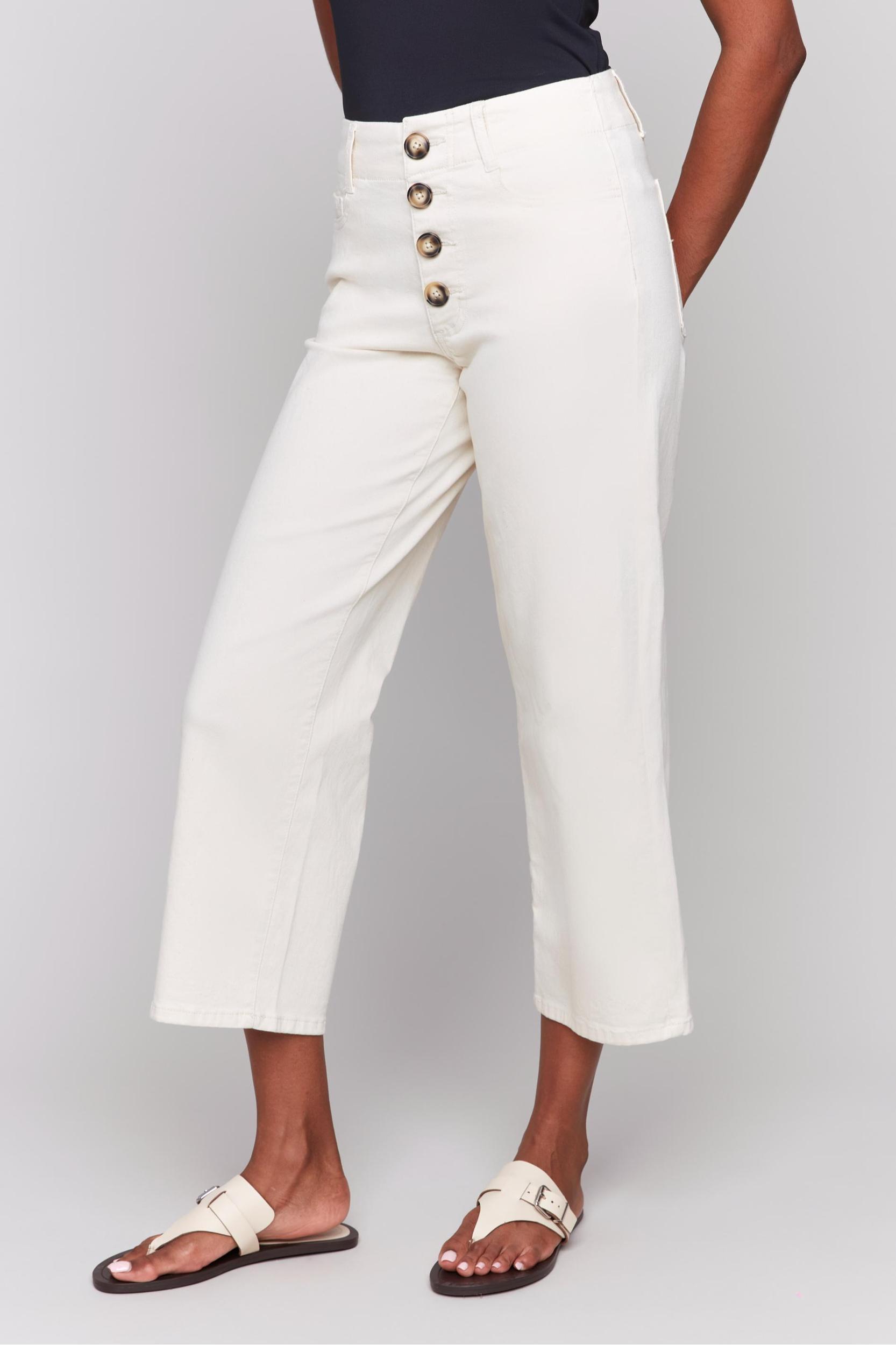 White Button Front Fly Straight Crop Leg Pant Product Image