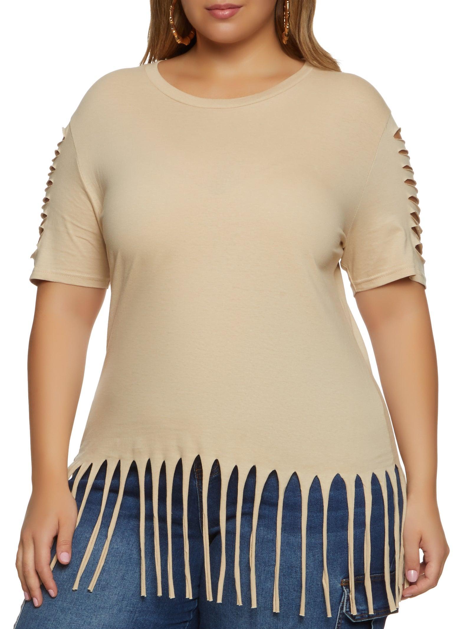 Womens Plus Size Laser Cut Fringe Hem Tee Product Image