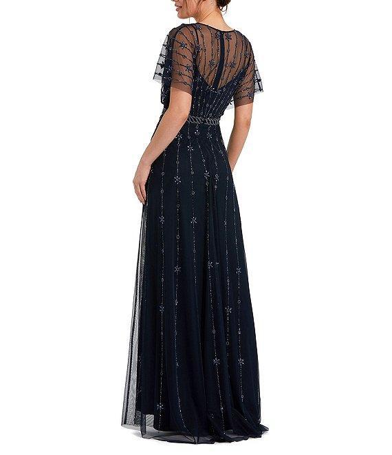 Mac Duggal Beaded V-Neck Short Flutter Sleeve A-Line Gown Product Image