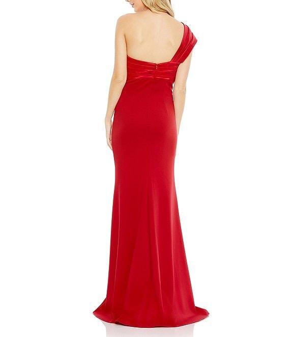 Mac Duggal Satin Tie Front Detail One Shoulder Sleeveless Draped Trumpet Gown Product Image