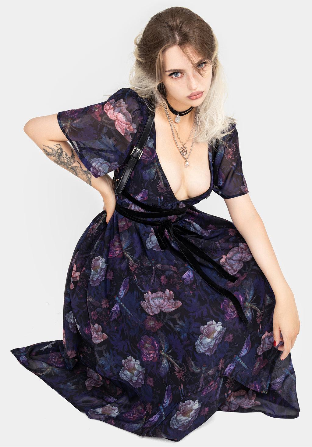 Dragonfly Floral Print Chiffon Handkerchief Hem Dress Product Image