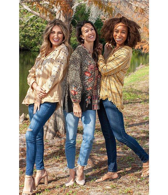 75813   Joan Vintage Inspired Floral Embroidered Long Sleeve Split V-Neck Raw High-Low Hem Boho Chic Tunic by Caite & Kyla Product Image