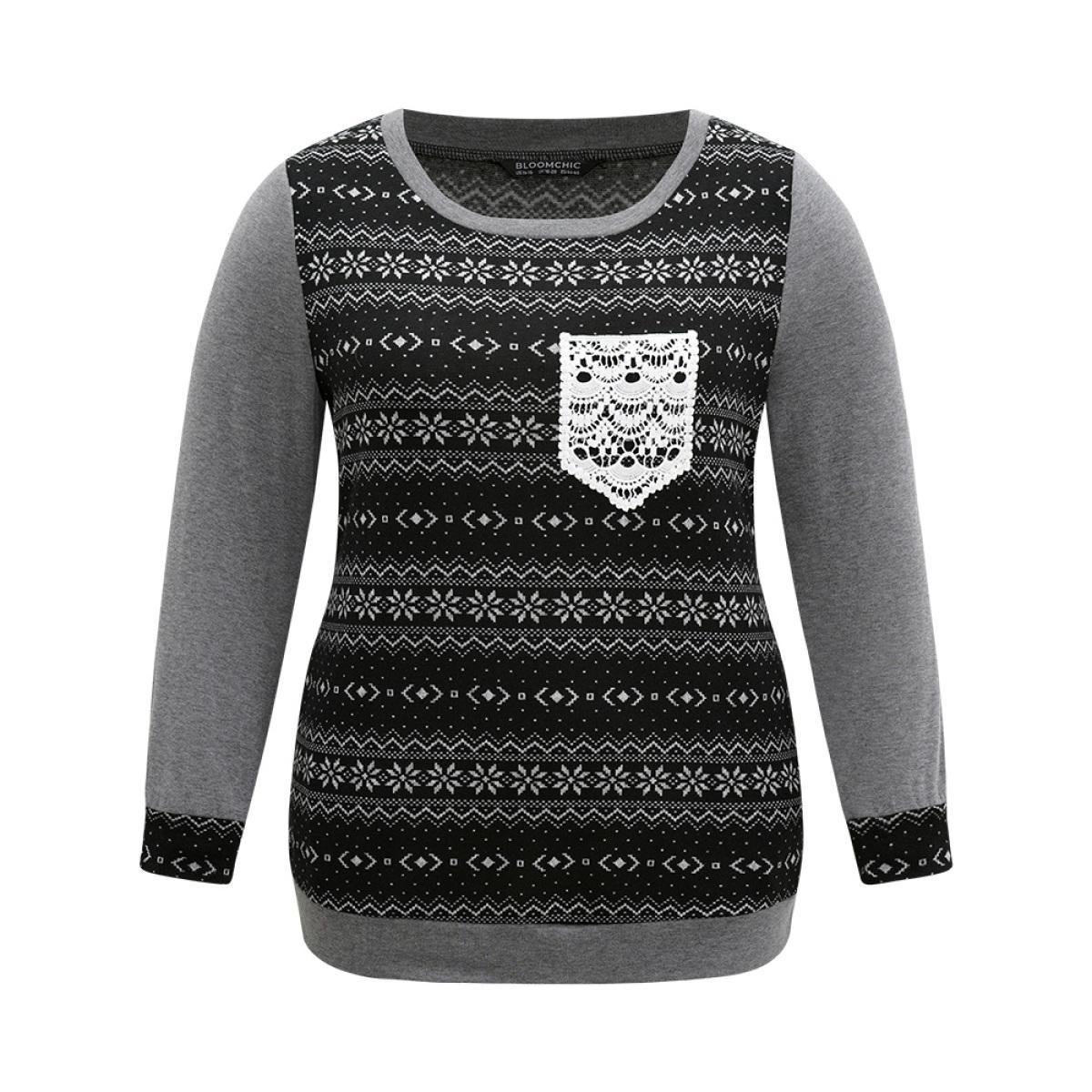 Plus Size Boho Print Patchwork Lace Panel T-shirt Black Women Casual Printed Bohemian Print Round Neck Dailywear T-shirts BloomChic 14-16/1X Product Image