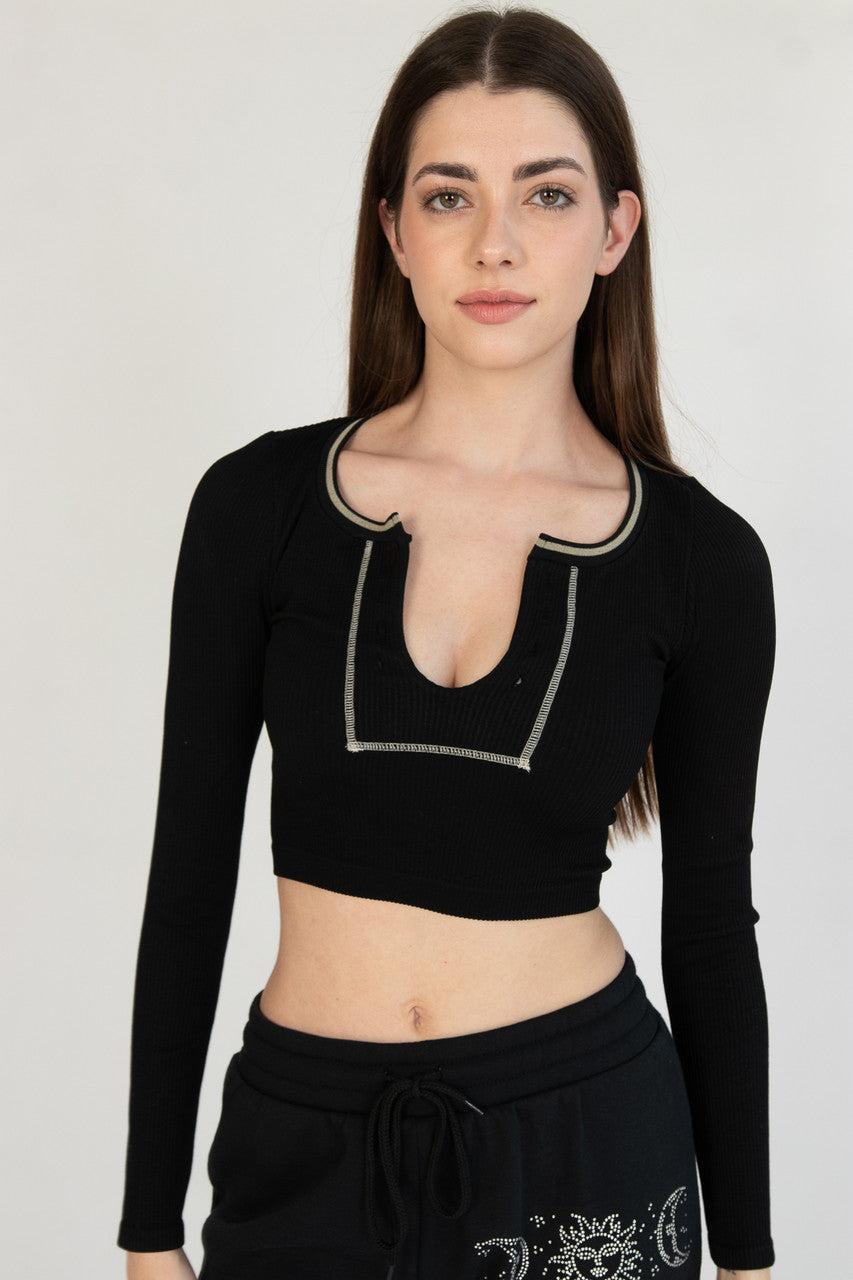 Sporty Notch Neck Long Sleeve Shirt Product Image