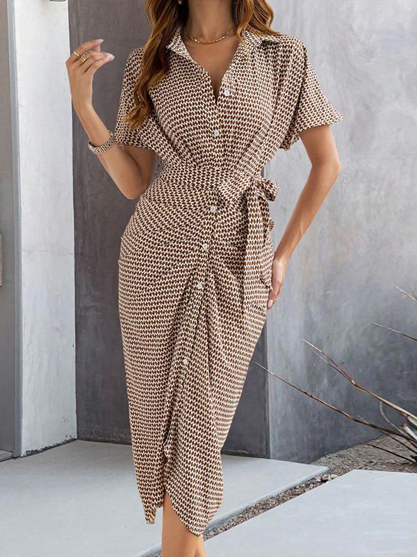 Bodycon Half Sleeves Buttoned Contrast Color Tied Waist Lapel Midi Dresses Product Image