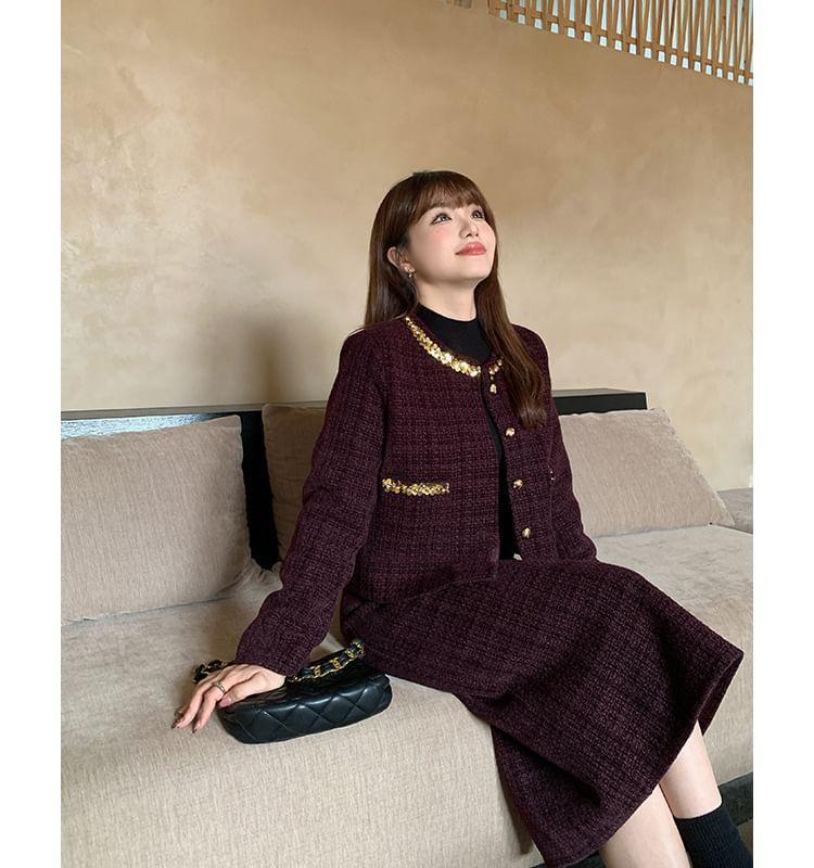 Set: Round Neck Sequin Tweed Button Jacket + High Waist Midi Straight Skirt Product Image