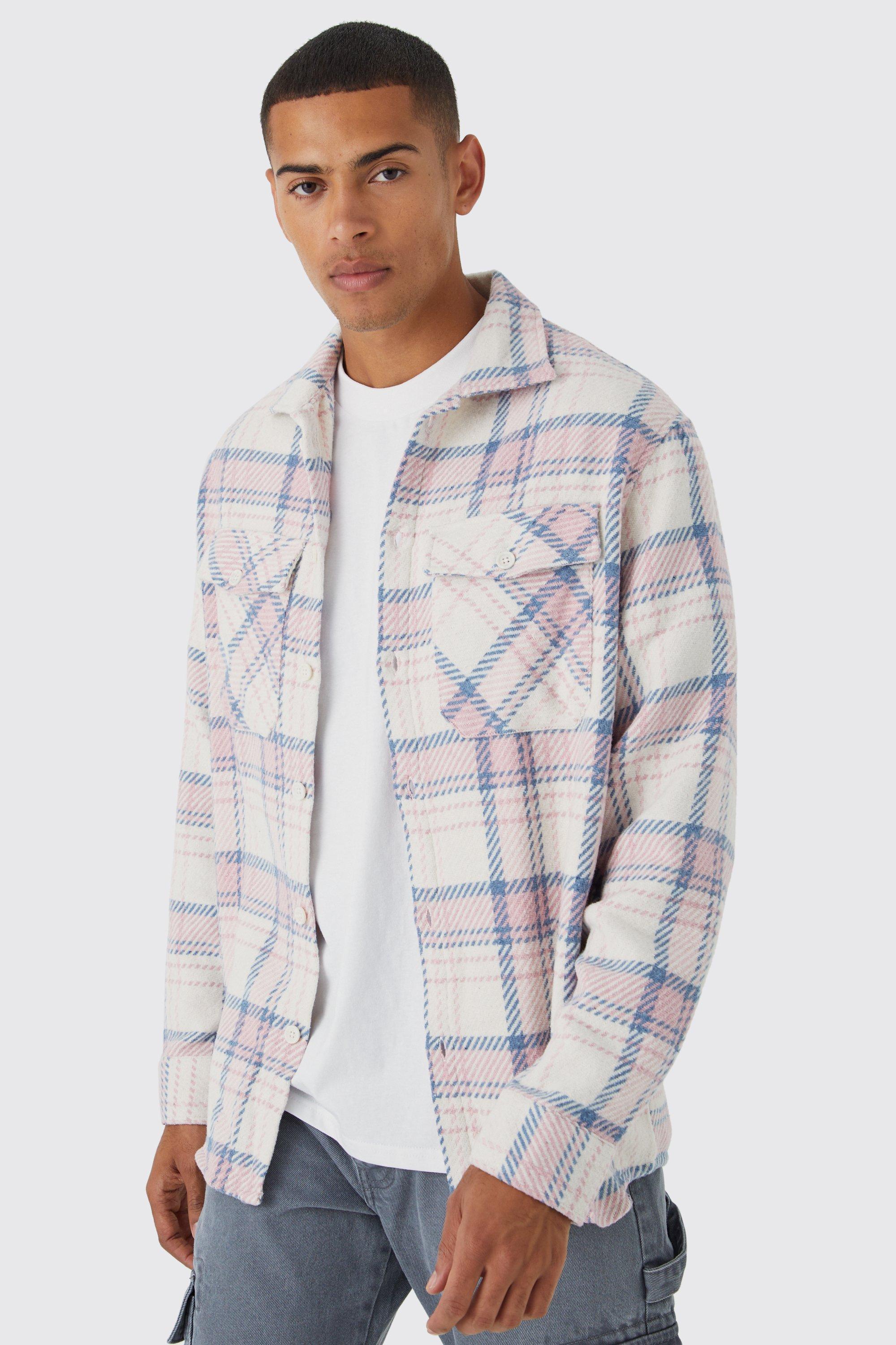 Mens Pink Long Sleeve Textured Pocket Check Shirt, Pink Product Image