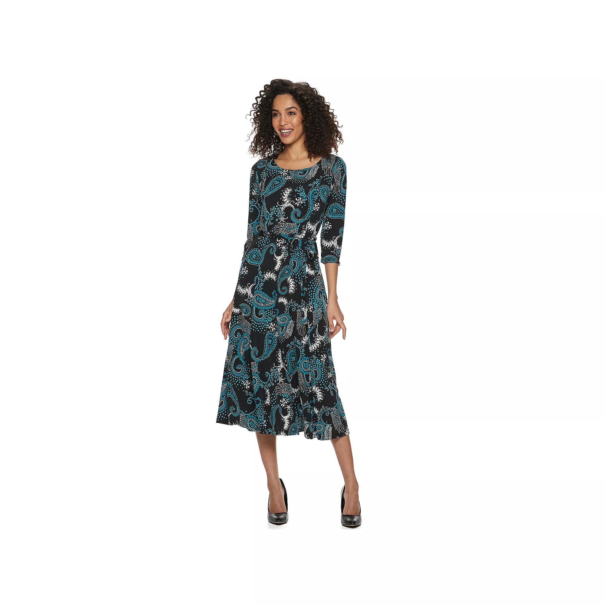 Women's Nina Leonard Belted 3/4 Sleeve Print Midi Dress,  Product Image