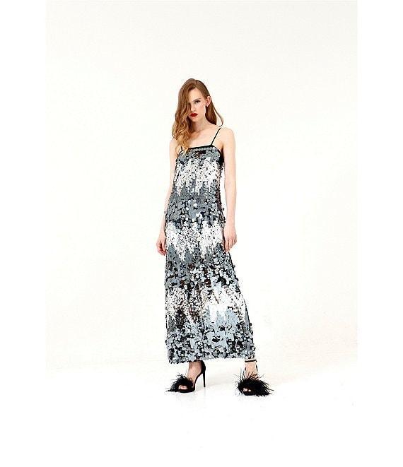 Le' AL.X Mixed Sequin Square Neck Sleeveless Spaghetti Strap Column Maxi Dress Product Image