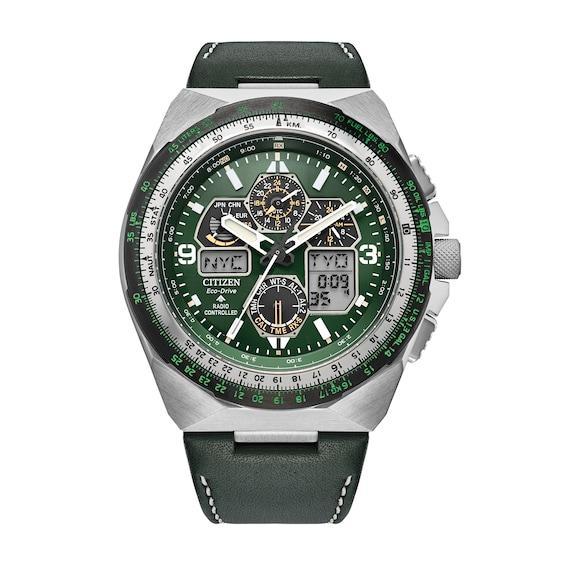 Citizen Mens Green Leather Strap Eco-Drive Water Resistance 200 Stainless Steel Watch Product Image