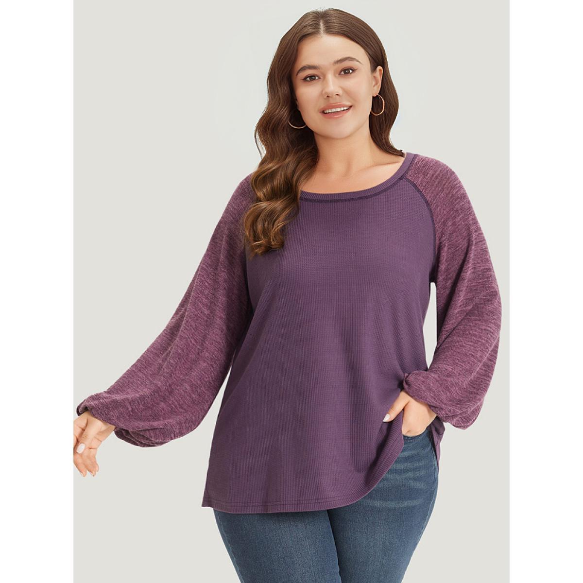 Plus Size Contrast Patchwork Heather Lantern Sleeve Sweatshirt Women Purple Casual Patchwork Round Neck Dailywear Sweatshirts BloomChic 10/M Product Image