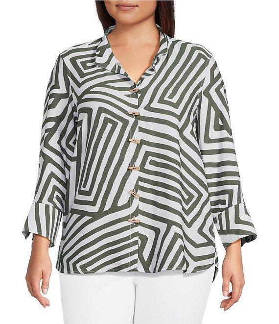 Ali Miles Plus Size Woven Printed Wire Collar 3/4 Sleeve Hi-Low Hem Button Front Tunic Product Image