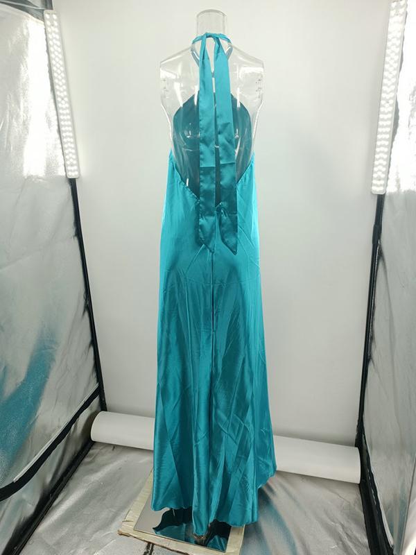 A-Line Loose Backless Solid Color Tied Halter-Neck Maxi Dresses Product Image