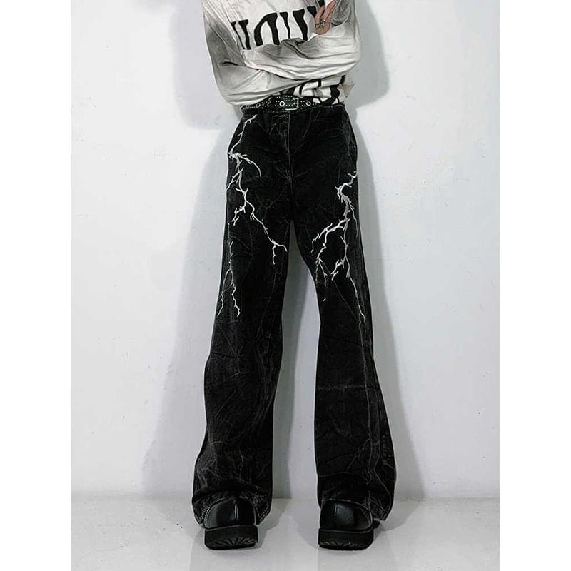 Mid Rise Lightning Embroidered Washed Wide Leg Jeans Product Image