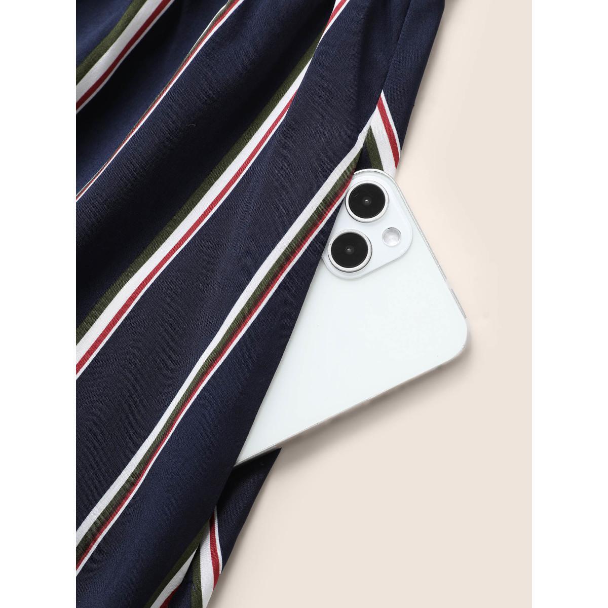 Plus Size Notched Collar Striped Elastic Waist Midi Dress DarkBlue Women At the Office Button Notched collar Short sleeve Curvy BloomChic 10/M Product Image