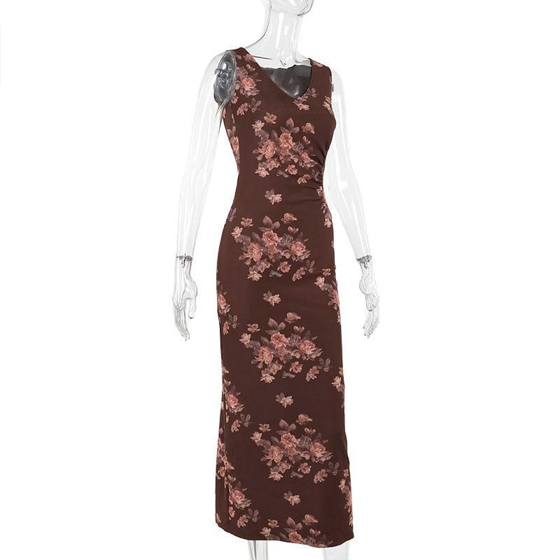 Sleeveless V-Neck Floral Print Maxi A-Line Dress Product Image