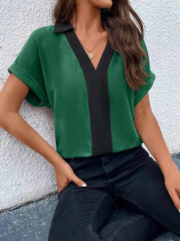 Loose Short Sleeves Contrast Color V-Neck T-Shirts Tops Product Image