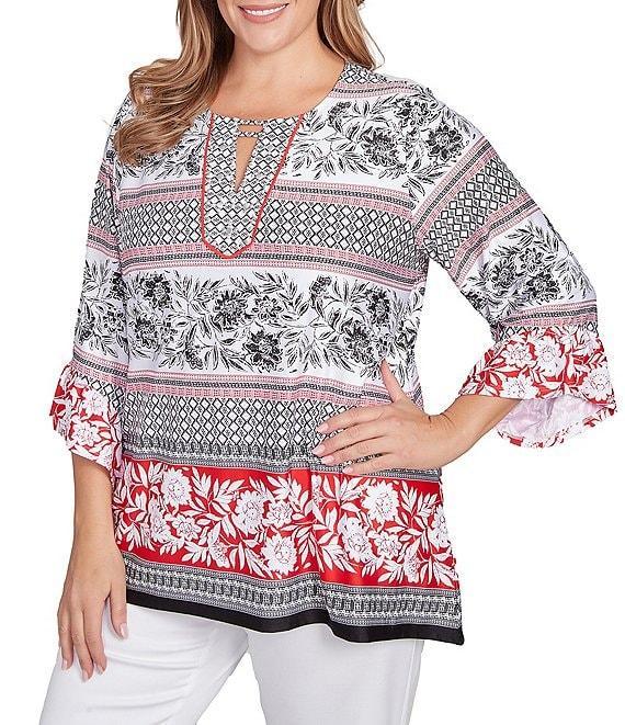 Ruby Rd. Plus Size Printed Embellished Keyhole Neck 3/4 Ruffle Sleeve Sharkbite Hem Top Product Image