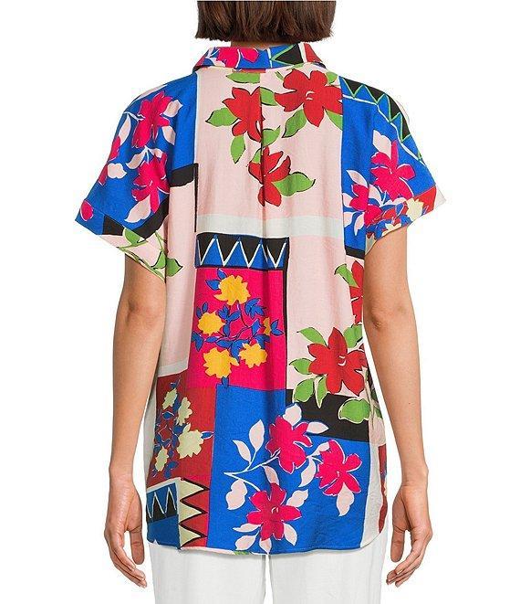 Investments Petite Size Woven Stamp Patch Short Sleeve Point Collar Partial Button Front Top Product Image