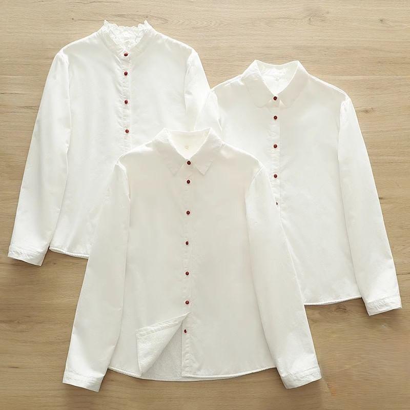 Puff-Sleeve Plain Ruffle Trim Button-Up Shirt Product Image