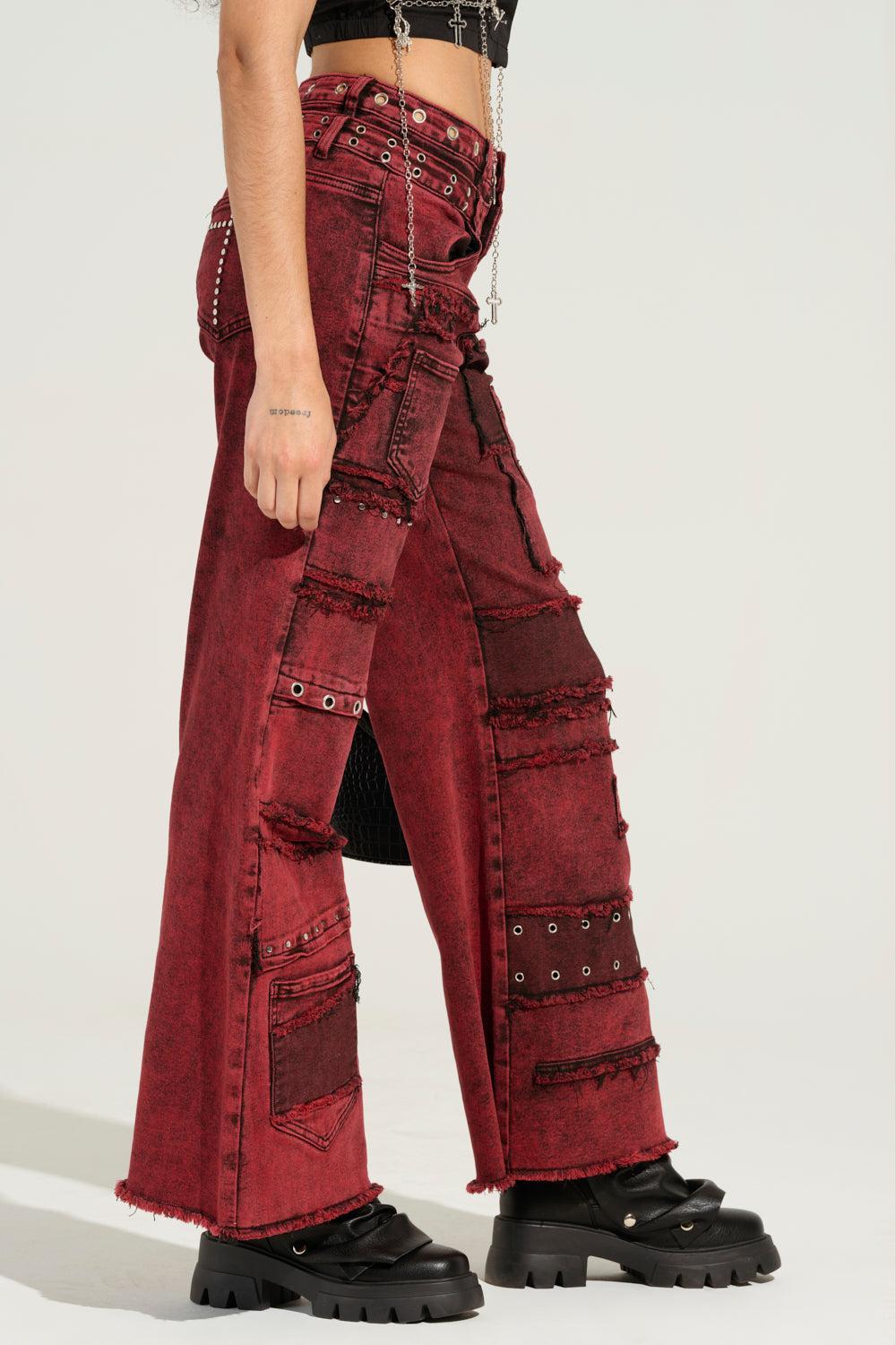 GRUNGY ATTITUDE MINERAL WASH RED WIDE LEG DENIM Product Image