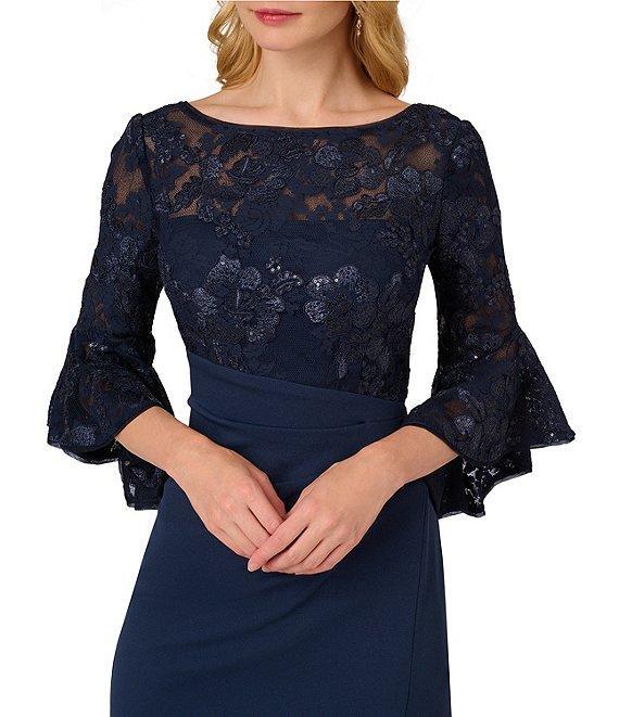 Adrianna Papell Floral Lace Boat Neck 3/4 Bell Cuff Gathered Dress Product Image
