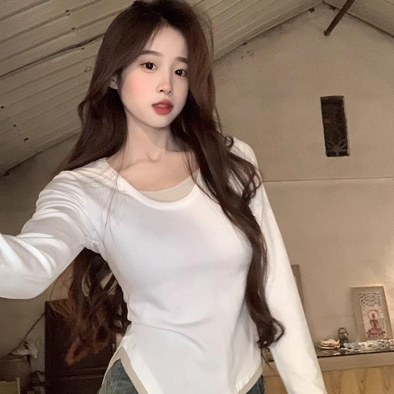 Mock Two-Piece Long-Sleeve Scoop Neck Two Tone Asymmetrical Slim Fit T-Shirt Product Image