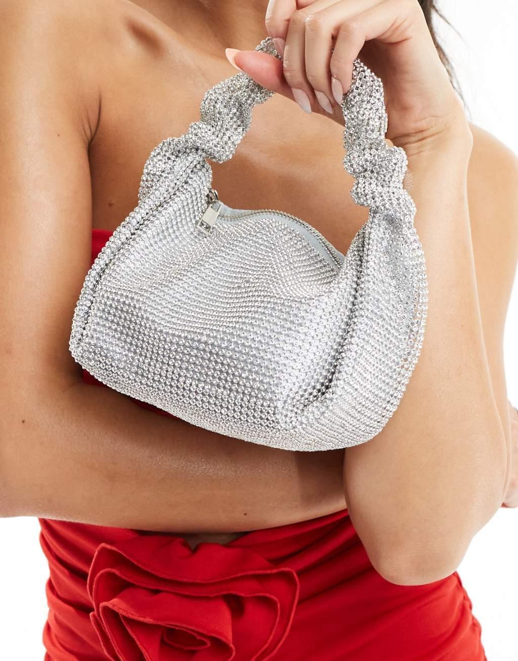 True Decadence crystal shoulder bag with ruched handle in silver Product Image