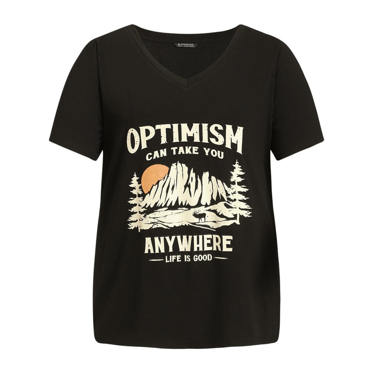 Plus Size Landscape & Letter Print V Neck T-shirt Black Women Casual Printed Landscape Dailywear T-shirts BloomChic 30/6X Product Image