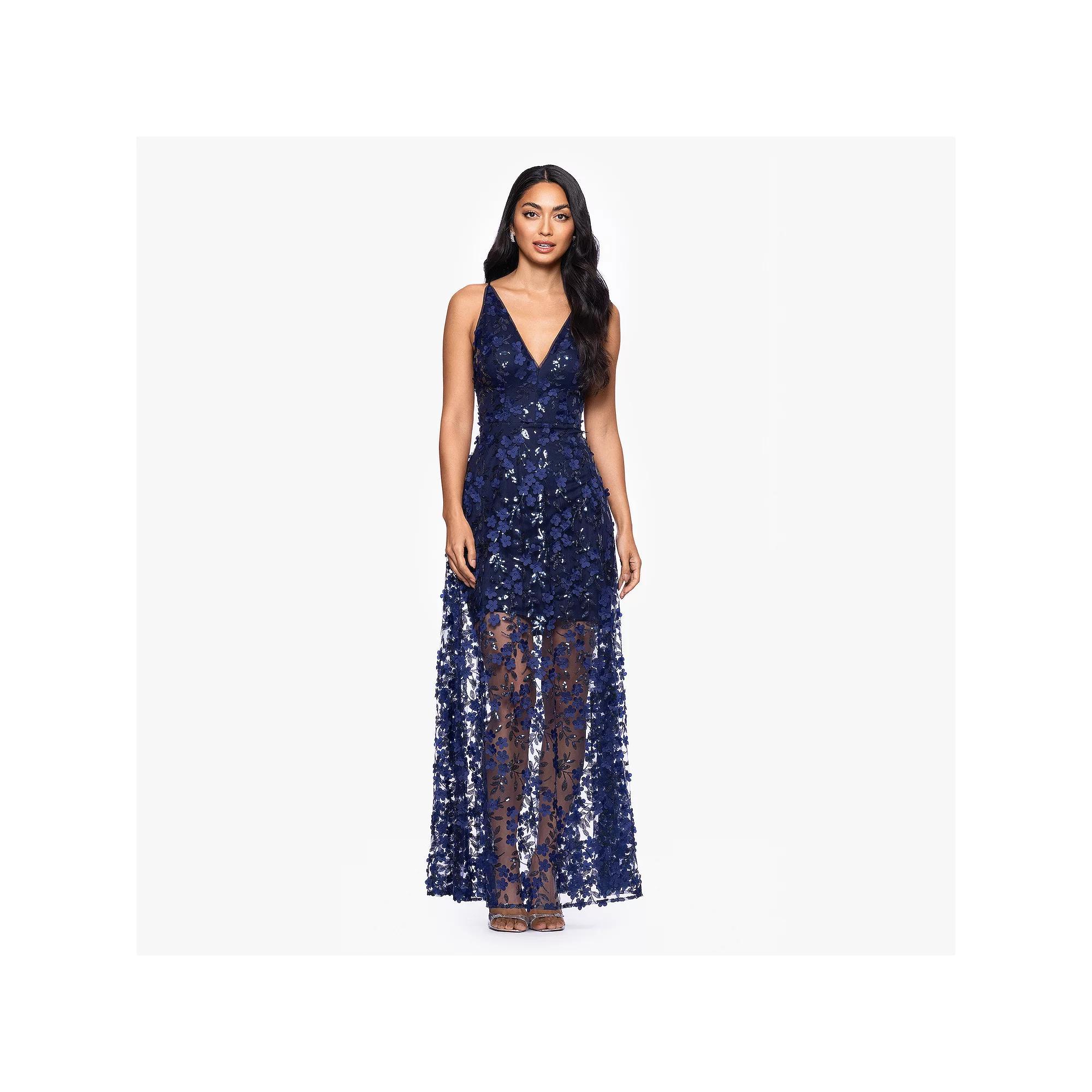 Women's X Evenings Sequin-Embellished V-Neck Evening Gown, Size: 10, Blue Product Image