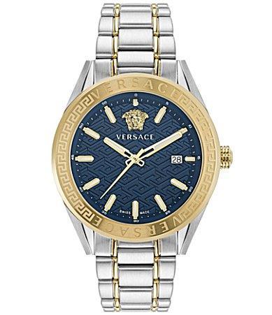 Versace Mens V-Code Analog Two Tone Stainless Steel Blue Dial Watch Product Image