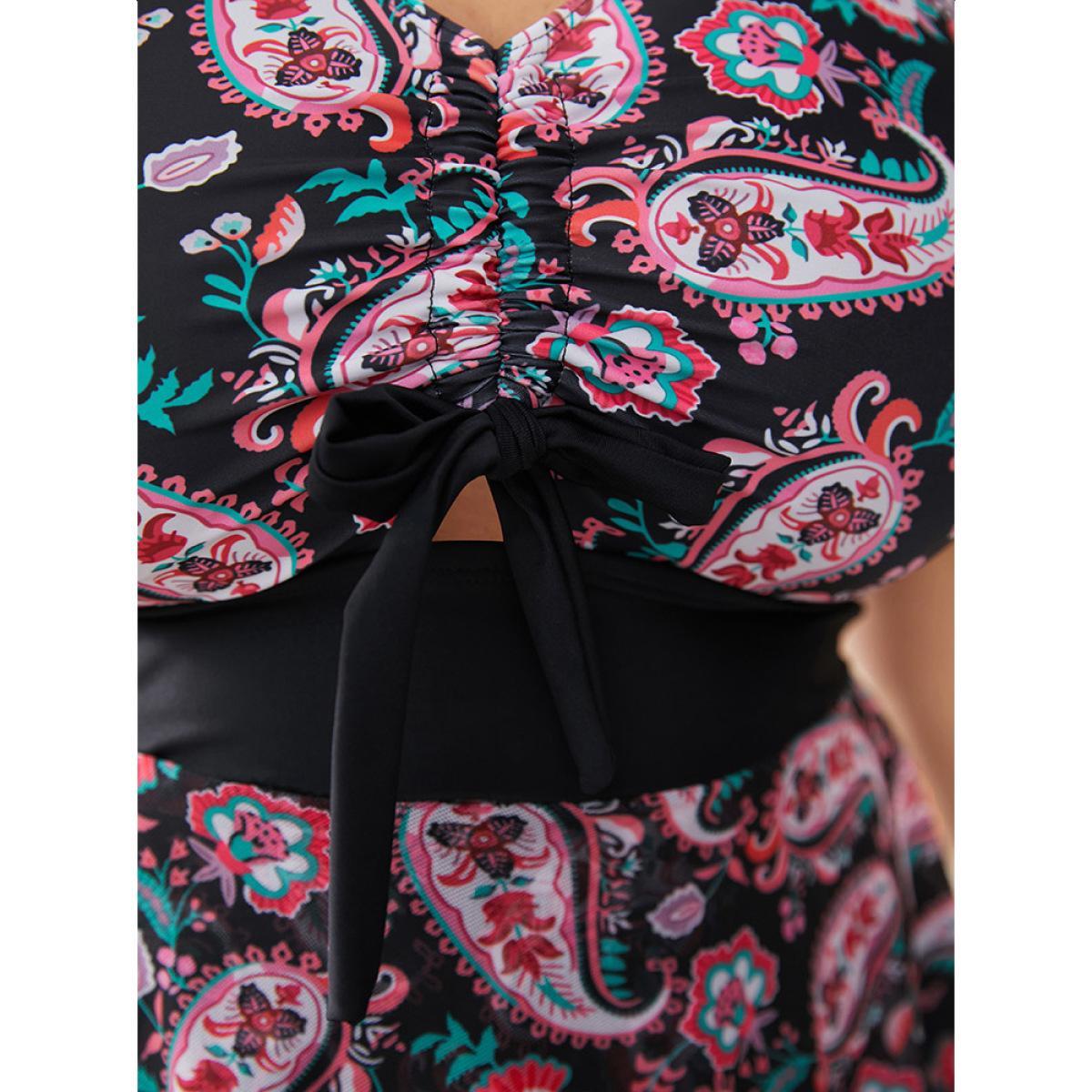 Plus Size Bandana Print Tiered Hem Ruched Knotted Cut Out Swim Dress Women's Swimwear BlackFlower Vacation Bodycon V-neck High stretch Curve Swim Dresses BloomChic 22-24/3X Product Image