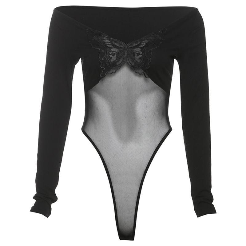 Long Sleeve V-Neck Butterfly Embroidered Plain Mesh Bodysuit Top Product Image