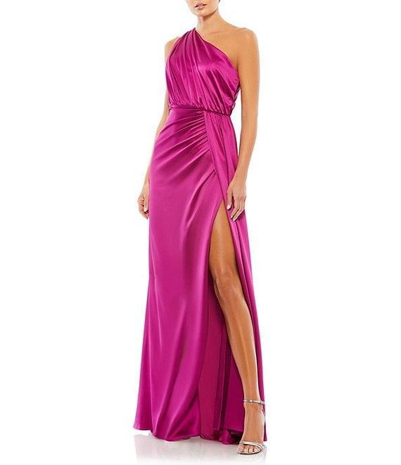 Mac Duggal Sleeveless Pleated One Shoulder Thigh High Slit Satin A-Line Gown Product Image