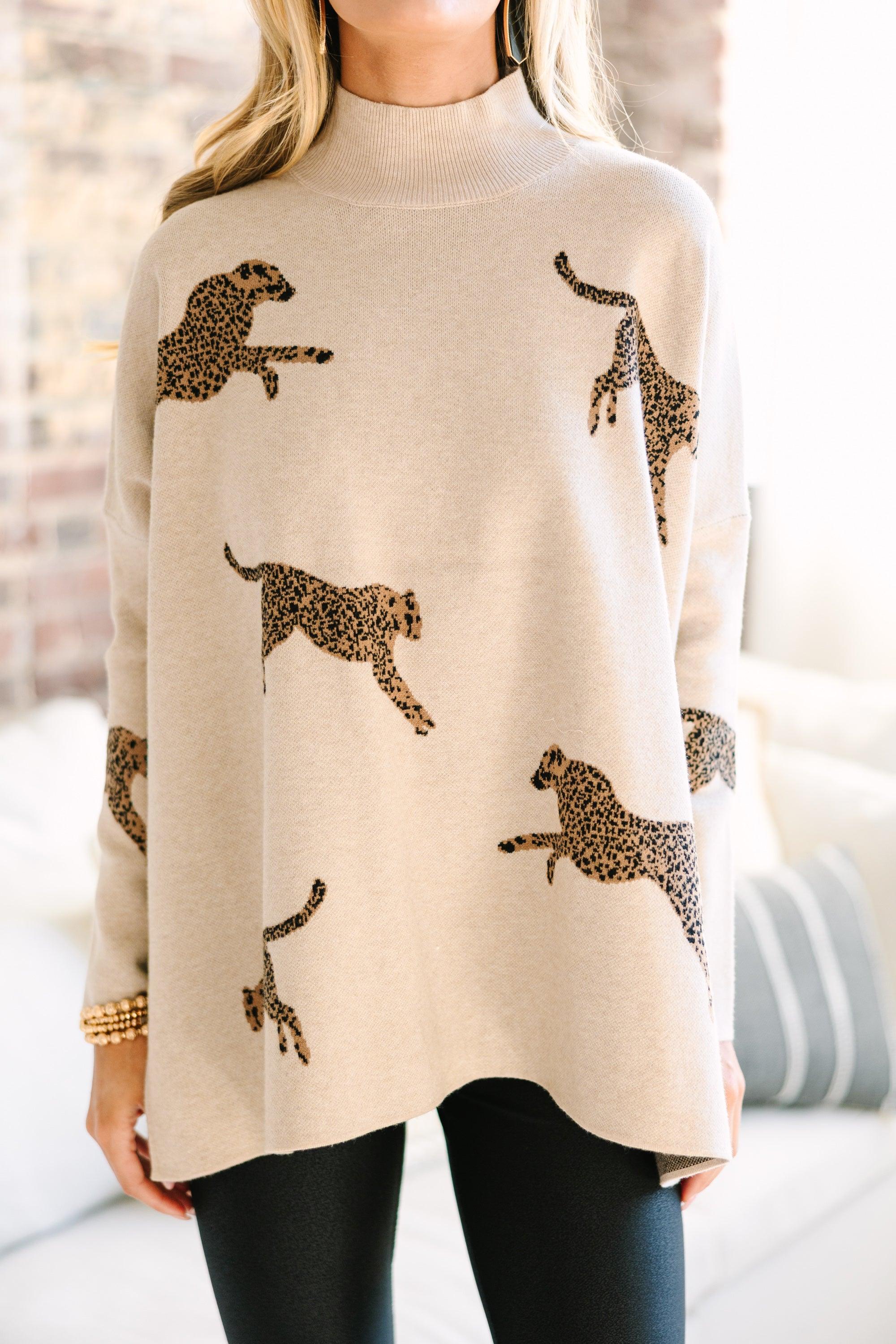 Quick Decisions Oatmeal Brown Cheetah Sweater Female Product Image