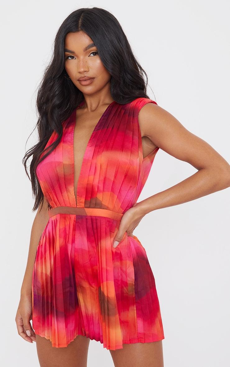 Pink Wave Print Pleated Shoulder Pad Plunge Romper Product Image