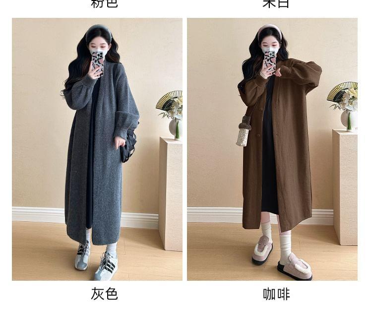 Maternity Long-Sleeve Mock Neck Plain Midi A-Line Knit Dress / V-Neck Button-Up Long Cardigan Product Image