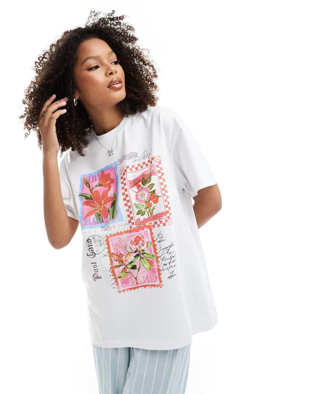 Miss Selfridge postcards oversized tee in white Product Image