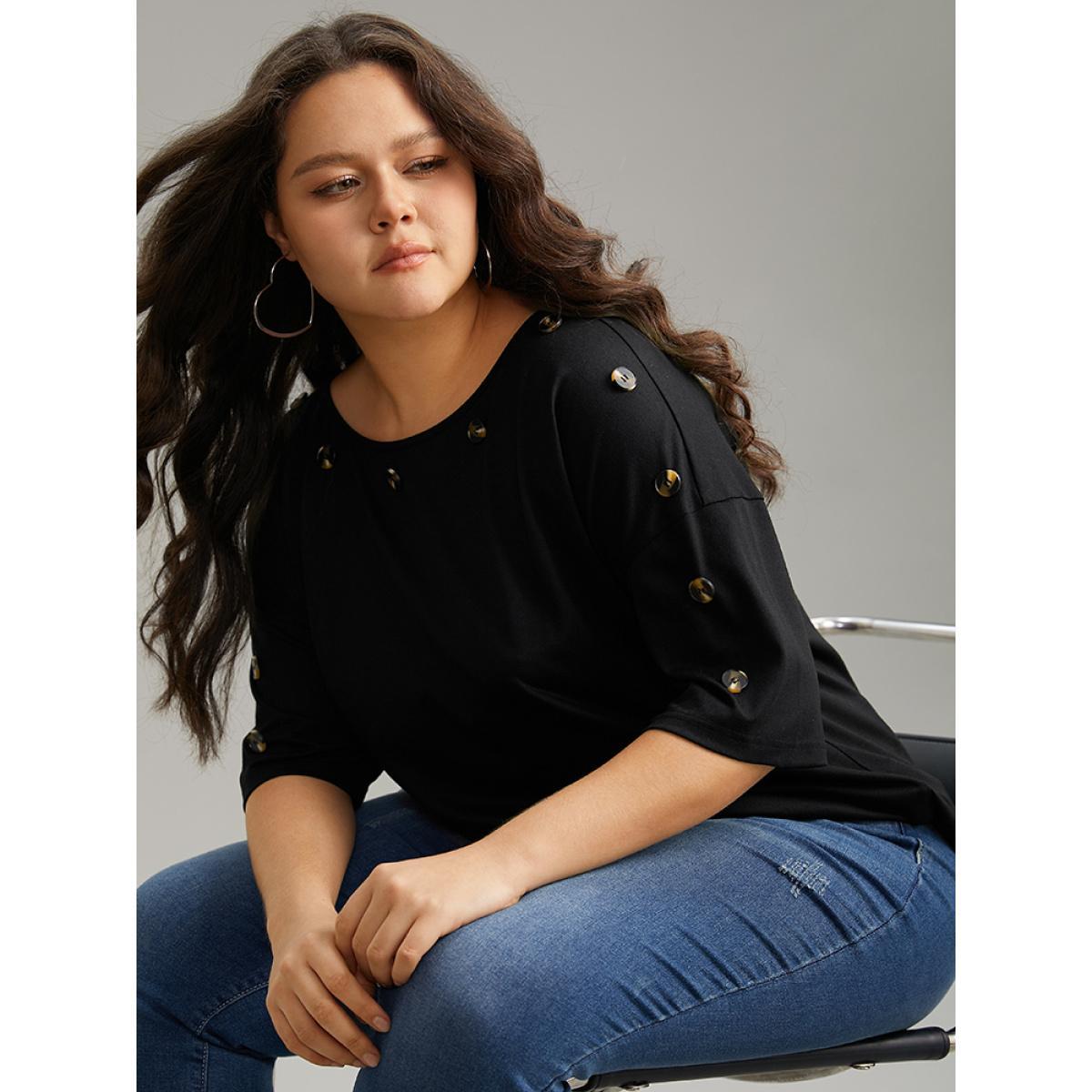 Plus Size Plain Button Detail Drop Shoulder T-shirt Black Women Casual Button Plain Round Neck Dailywear T-shirts BloomChic 22-24/3X Product Image