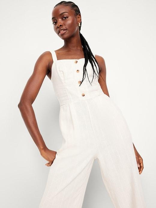 Button-Front Linen-Blend Cami Jumpsuit Product Image