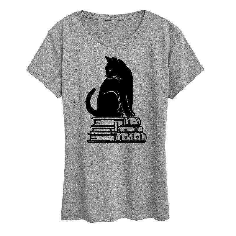 Womens Black Cat on Books Graphic Tee, Girls Grey Gray Product Image