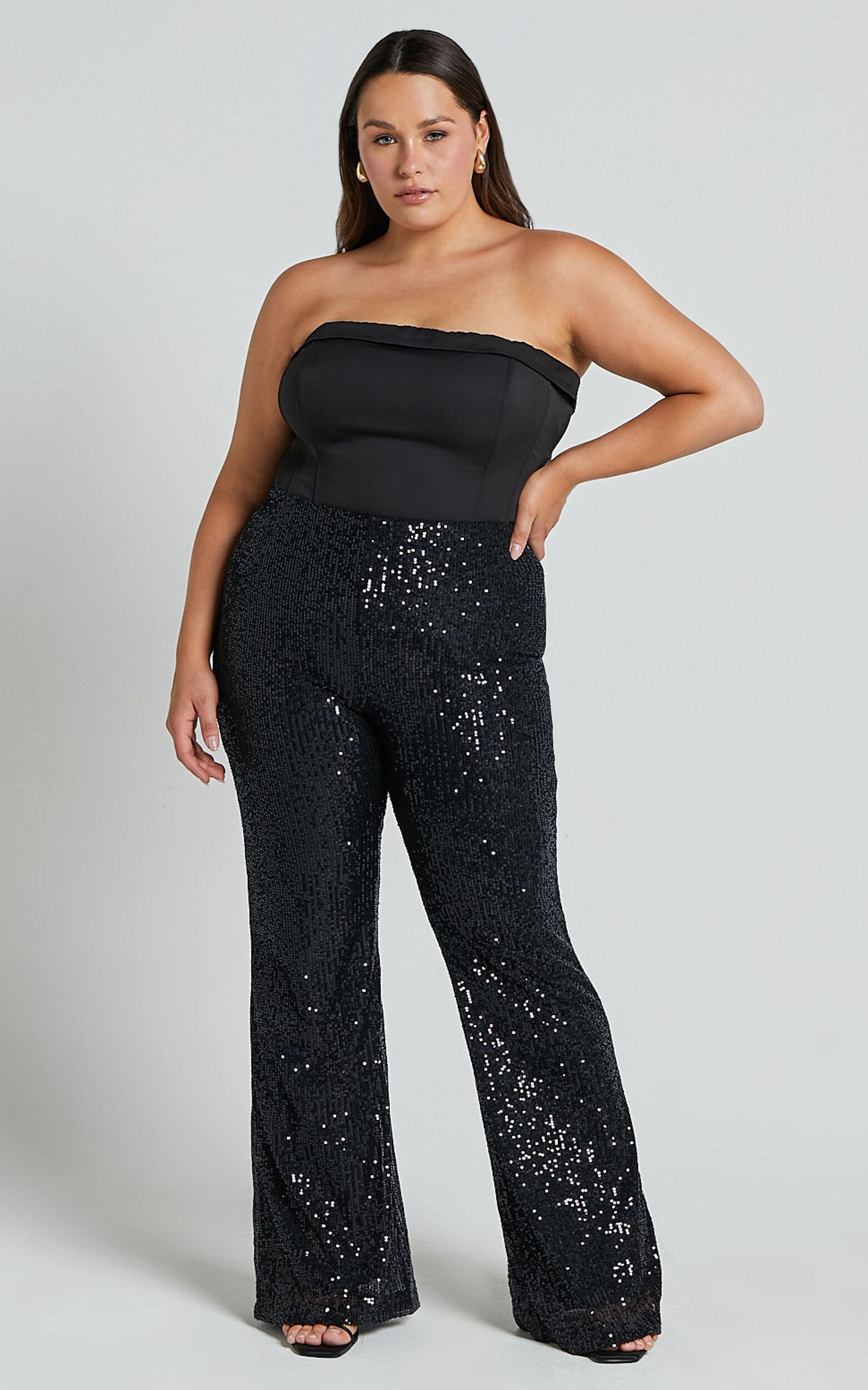 Deliza Pants - Mid Waisted Sequin Flare Pants in Black Product Image