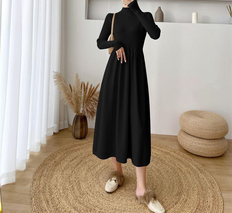 Long-Sleeve Mock Neck Plain Ribbed Midi A-Line Knit Dress Product Image