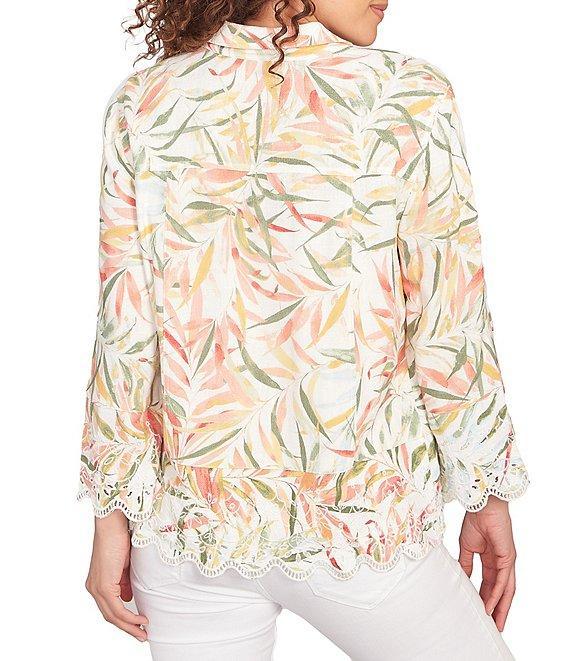 Ruby Rd. Petite Size Coordinating Tropical Fern Print 3/4 Sleeve Lace Embroidered Scallop Edge Button Front Shirt Product Image