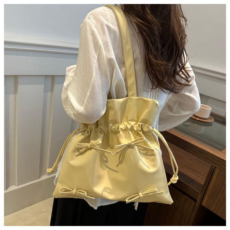 Faux Leather Ribbon Accent Plain Tote Bag Product Image