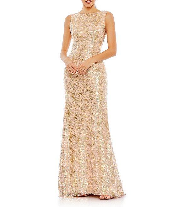 Mac Duggal Boat Neck Sleeveless Sequined Mesh Column Gown Product Image