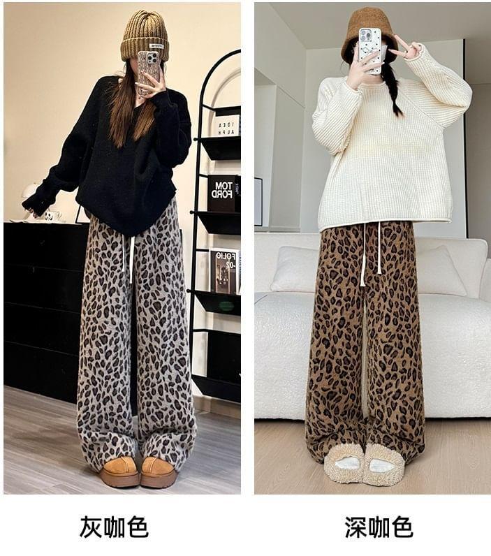 Drawstring Waist Leopard Print Wide Leg Pants Product Image