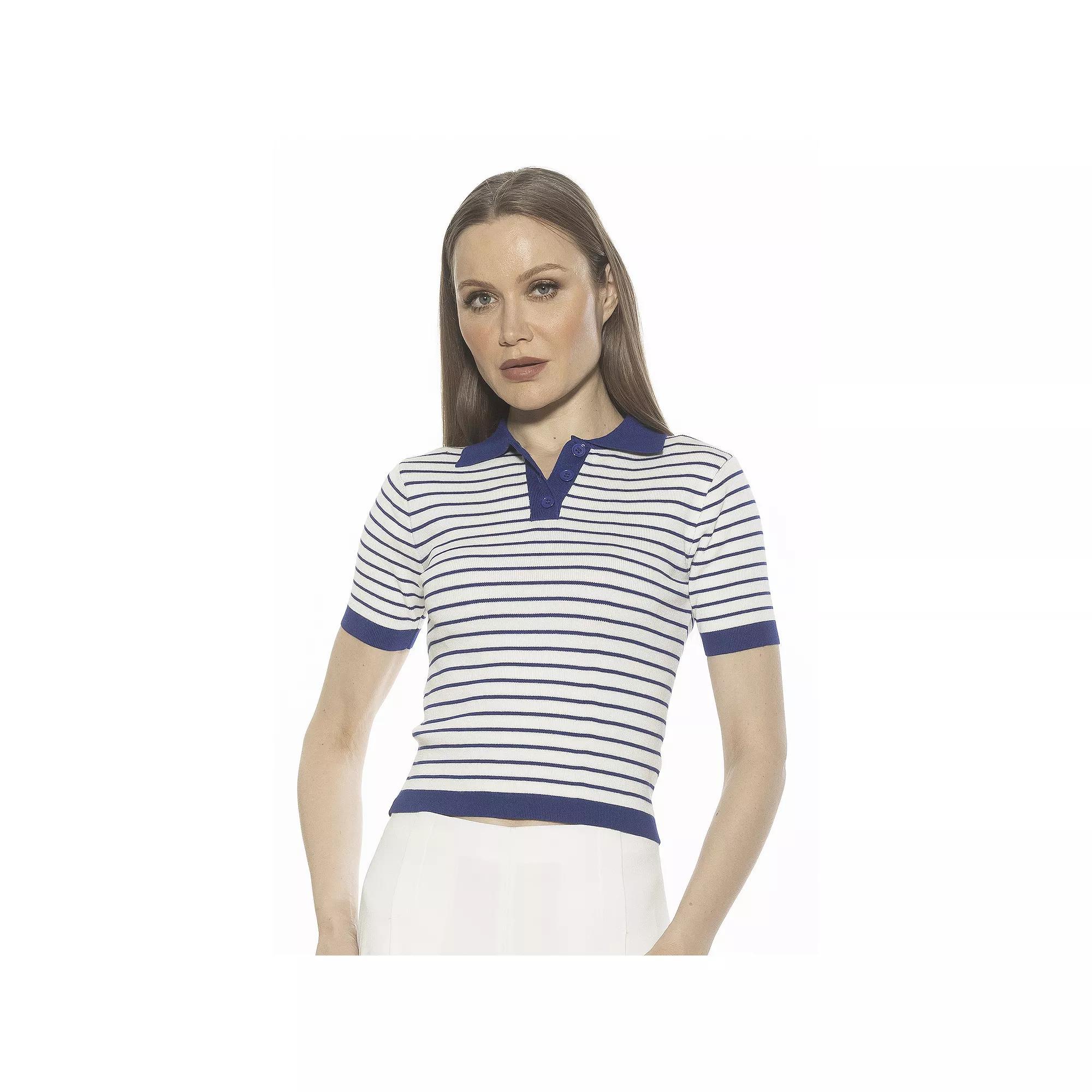 Women's ALEXIA ADMOR Elani Short Sleeve Knit Polo Shirt, Size: XL, Blue Ivory Product Image
